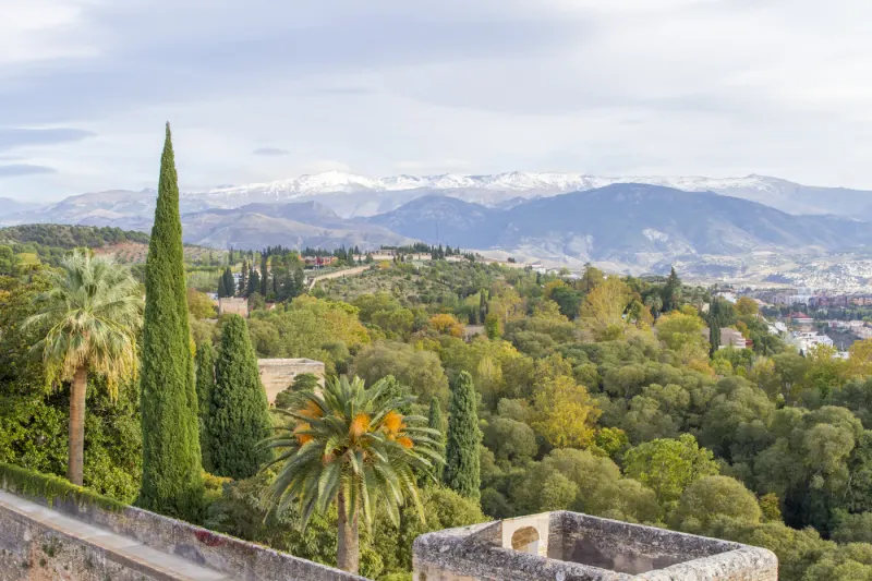 Jardins de l'Alhambra et vue sur la Sierra Nevada depuis l'Alcazaba